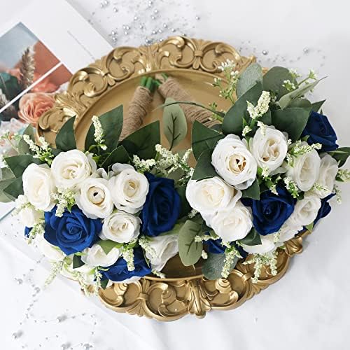 HOMENERGY Комплект от 6 Букети за Шаферките на Сватбата - 7-Инчов Букет от изкуствени цветя Шаферките за Празничната церемония, Украсата на масата за Хранене на Годишнина от сватбата - кралско синьо и бяло