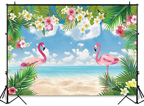 Funnytree 7x5ft Годишният Фон за парти с Фламинго, Тропически Хавайски Плаж Фон за Снимки Luau на Рожден Ден Фламинго Морска Палма Флорални Декорации за Душата на Детето Фотобудка Торта Маса Банер