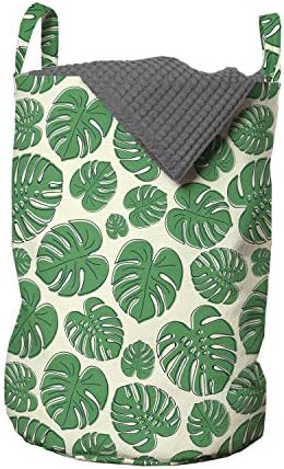 Чанта за дрехи Ambesonne Philodendron, Летен Тропически Модел с Хавайски илюстрация на Листата на Джунглата, Кошница за дрехи с дръжки, Закрывающаяся на шнур, за пране, 13 x 19, Зелена с крем