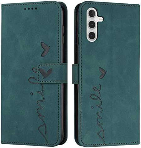 Чанта-портфейл Mavis's Дневник Galaxy A14 5G, Калъф-награда от магнитна кожа за Samsung Galaxy A14 5G, Панти калъф с държач за карти, Луксозен калъф за съвсем малък в стил Smile за мъже и жени (Зелен)