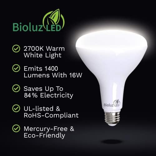 Bioluz LED 4 Опаковки Най-ярки светодиодни лампи BR40 90 CRI Миг включване на Топло бял цвят 2700 До 16 W = 120 W Замяна Лампа 1400 Лумена На закрито/На открито Гладка Лампа с регулируема яркост, съответстваща на името