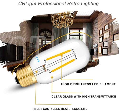 CRLight Led Тръбна лампа Едисон Мощност от 25 W, еквивалентна 250ЛМ, 2 W 2700 К, Топло Бяла Led лампа с нажежаема Жичка E26 със средна база, Антикварни led тръбни лампи T14 (T45), е с регулируема яркост, 6 бр. В опаковка