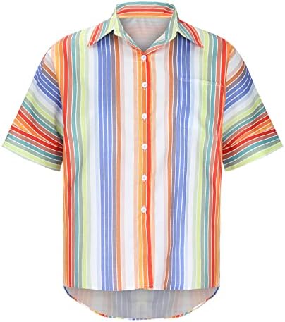 Дамски Ежедневни Свободна Риза С Къс Ръкав и Копчета в Цветна Ивица, по-Големи Размери, Блуза С Дълъг Ръкав, Риза