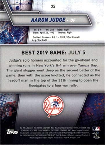 Най-добрата бейзболна картичка MLB Bowman's Best 25 2019 Аарон Джаджа Ню Йорк Янкис, официалната търговска картичка MLB бейзбол, издаден Topps