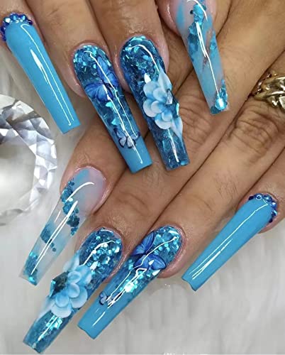 Отгоре на ноктите под формата на дълъг Ковчега със сини цветя дизайн и Желеобразной с пръчка на ноктите си, за Многократна употреба Носимые акрилни Нокти, Пълно покритие, режийни нокти за жени, декорация за нокти за