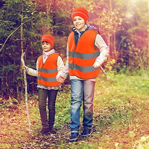 Комплект от 4 теми, детски Оранжево Ловен Елек и Шапка, включва в себе си 2 Светлоотразителни шапки, 2 Светлоотразителни облекла с повишена видимост, Ярко Оранжеви Жилетки за Безопасност, Зимната Защитен костюм за нощта