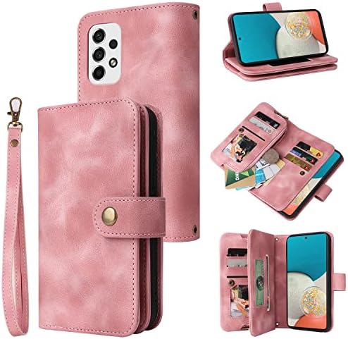 Защитен калъф-портфейл с кобур, който е Съвместим с Samsung Galaxy A73 5G, Тънък калъф-награда от изкуствена кожа за телефон, Защитен калъф-поставка с магнитна закопчалка, държач за карти + колан за пари (розов цвят)