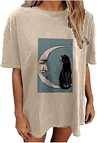 Женска тениска с изображение на Слънцето и Луната, Свободна Тениска Оверсайз с Графичен Принтом, Върхове С кръгло деколте и Къс Ръкав, Ежедневни Забавна Тениска За Момичета