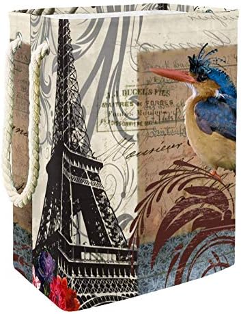Кошница за дрехи DJROW с Париж птици и Айфеловата кула, Вградена подплата с подвижни скоби, добре удерживающая Подобрена Сгъване на количката за дрехи