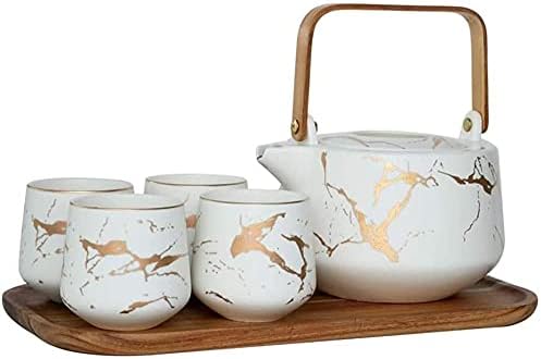 LIANXIAO - колекция от Керамични Чайници ръчна изработка, 6 бр., Японската Чаша за Саке, Чай Комплект, Мраморни Саксии с Дървени Подносами -Бяло (Цвят: Бял)