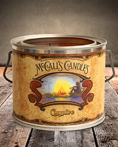 Свещи McCall's | Campfire | Със силен аромат и трайност | Метални Антични банка | Етикет с ръчно рисувани | Восък премиум-клас и отдушка | Произведено в САЩ | 22 грама
