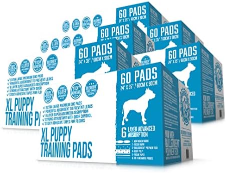 Подложки за щенячьей урината Bulldogology XL с тиксо - Много големи тампони за дресура на куче (24x35) 6 слоя с быстросохнущим полимер Bullsorbent Tech (40 бр, бял)