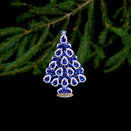 Красива коледна елха (синята), Красива настолна чешка коледно дърво, за ръчна работа с красив прозрачен орнаменти от сапфир кристал.