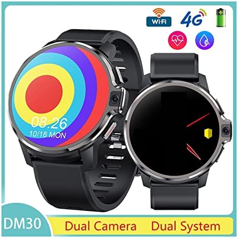 DM30 4G Смарт часовници с двойна система, двойно камера 5.0 MP, 4 GB, 128 GB, мъжки умен часовник, телефон, 1,6 IPS екран, операционна система Android 9,1, WiFi GPS (Цвят: черна кожа, Размер: 4 GB RAM И 64 GB ROM)