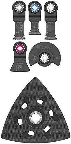Комплект ножове за вибриращо инструмент Bosch Starlock с футляром, Набор от консумативи за мультитулов дограма, разнообразни материали, гипсокартон, метал; и Шлайфане кръг за вибриращо инструмент, комплект (6 бр)