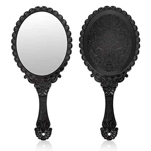 Ръчно Огледало YUSONG с дръжка, Компактен Ръчни Огледала за грим, Малки Реколта Огледала за Чанти, Ръчни Мини-Огледала за момичета с Декоративни Релефни във формата на Цвете (черен)
