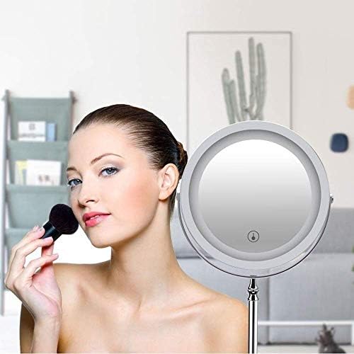 Огледало за тоалетни масички KXA, козметично огледало за грим с led подсветка, Нескользящая поставка, 7 инча, Двустранен сензорен екран с 10-кратно увеличение, спиране на тока (Цвят: сребърен размер: 7 см 10X)