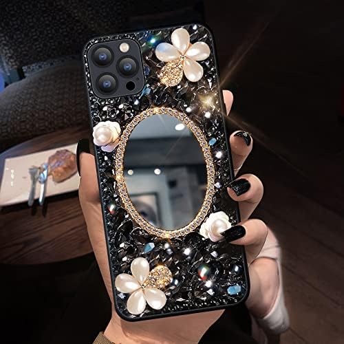 Дизайнер Cavdycidy за iPhone 12 Pro Max Огледален Калъф с Скъпоценния камък Bling, 3D Калъф За Телефон с Блестящи Диаманти, Луксозни Защитен Калъф с Блестящи кристали за жени/Gril (Черни скъпоценни камъни)