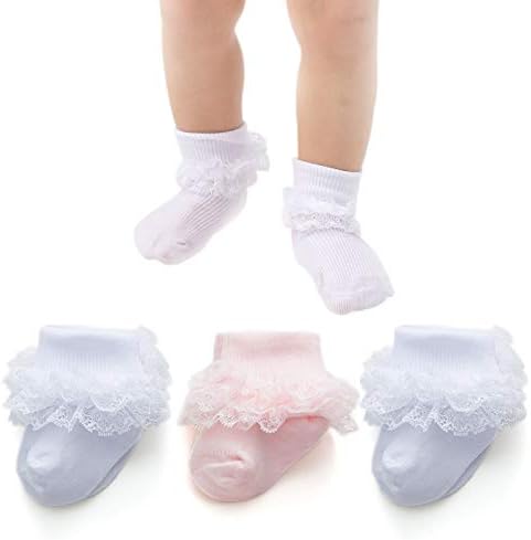 Дантелени Чорапи Mini Angel За Малки Момичета, Тройни Дантелени Чорапи с Рюшами и Волани за бебета и малки деца, Подаръчен Комплект
