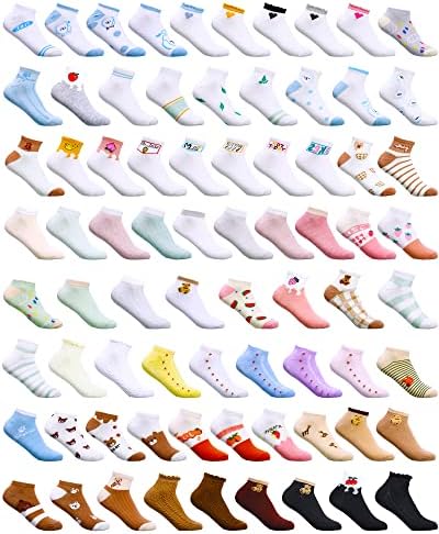 Mumufy 75 Чифта Чорапи до Глезена с дълбоко деколте и Красиви Бродирани мотиви, без да се показва, Удобни, Леки, Дишащи, Спортни, Цветни, с плодове, животни, Цветни Чорапи, на Едро за Момичета, Женски Подаръци