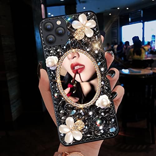 Дизайнер Cavdycidy за iPhone 11 Pro Огледален Калъф с Скъпоценния камък, 3D Лъскав Калъф за мобилен Телефон с Диаманти, Луксозни Защитен Калъф с Блестящи Кристали за жени/Gril (Черни скъпоценни камъни)