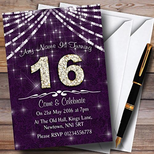 Персонални Покани на парти по случай рождения Ден на 16Th Purple & White Bling Sparkle