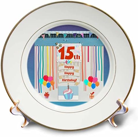 Триизмерен образ на етикет на 15-ти рожден ден, Торта, Свещи, балони, подаръци, Серпентина - Чинии (cp_359175_1)