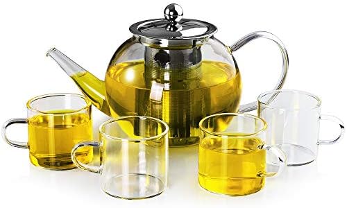 Комплект стъклени чайници LUXU Съдържа 1 maker от прозрачно стъкло, 4 чаени чаши от прозрачно стъкло, безопасен за готвене на печката чайник от прозрачно стъкло с обем 1100