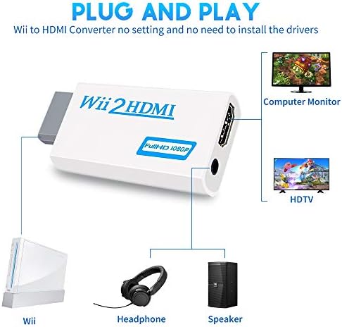 Конвертор Wii към HDMI адаптер Wii, HDMI 1080P за устройство Full HD с аудиоразъемом 3,5 мм изход HDMI е Съвместим с Wii на Nintendo, Wii U, HDTV монитор-Поддържа всички режими на показване на Wii 720P