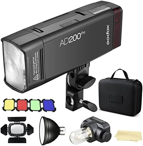 Godox AD200Pro AD200 Pro 200Ws 2,4 G TTL 1/8000 HSS светкавица Стробоскоп Speedlite Монолайт с клетъчна мрежа BD-07 на вратата на плевнята, комплект филтри от 4 цвята и стандартен рефлектор AD-S2 (обновена версия AD200)