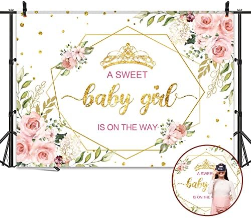 Omifly Sweet Baby Girl 7Wx5H Фон за Снимки Акварельно-Розови Цветя, Листа Златна Корона Рожден Ден на Бебе Душ Красив Фон Вечерни Украса на Торта Маса Банер Декор Фотобудка Студиен Подпори