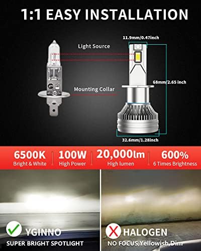 YGINNO 2023 Модернизирани led крушки H1, 100 W 20000 Лумена, на 600% по-ярка 6500 К, комплект за преоборудване студените бели led фарове, адаптер не е необходимо, мини-размер 1: 1, опаковки от 2