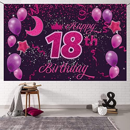 Розово Лилав Фон С 18-Ия Рожден Ден на Банер честит Рожден Ден на 18 Години, за да проверите за Парти в чест на рождения Ден на 18 Украса за Парти в чест на рождения Ден за Момичета