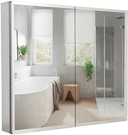Шкаф за лекарства с двойни врати Movo с огледало, Алуминиев шкаф за лекарства за баня с размер 30 x 26 см, Регулируеми Стъклени рафтове, Водоустойчив и устойчив на ръжда, за да инсталирате във Ваканция или на повърхността