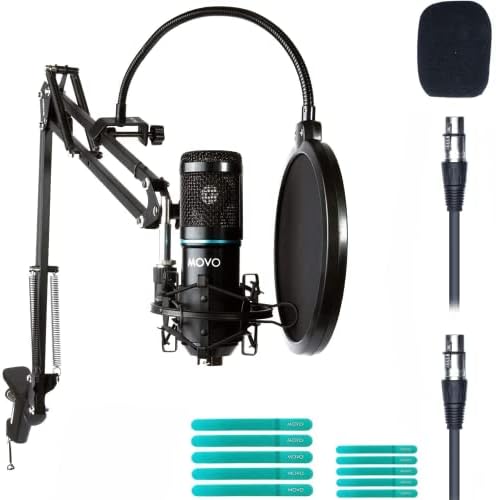 Универсален XLR Кардиоидный кондензаторен микрофон за подкаст Movo PC-M6 с шарнирно лост-ножницей и поп-филтър - Добра микрофон за пеене, писане на подкасти, стрийминг на живо, игри и ASMR