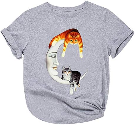 Забавни Реколта Ризи за Жени, Сладък Котки Седи На Луната, Графика на Тениска Свободно, Намаляване, Летни Блузи С Къс Ръкав И Кръгло Деколте