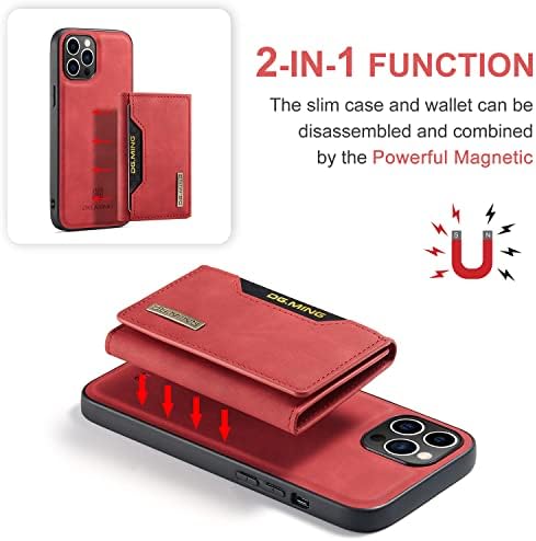 Сменяем Дизайнерски калъф-джобен формат 2 в 1 за iPhone 14/13/12/11 / Pro / Plus / Pro Max, една чанта-портфейл 2 в 1, магнитен свалящ (червен, за iPhone 12)