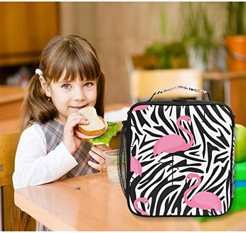 Чанта-Хладилник За училище с Изолация Flamingo Zebra Stripes Lunch Box Tote за Еднократна Употреба за Жени и Деца