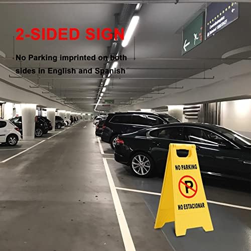 Външните признаци Паркинг е забранено, комплект от 2 теми, Двустранен сгъваем Външен знак, символ, включва съобщение на испански и английски език Не е възможно паркиране, Жълто Преносими сгъваеми знак Паркинг е забранено