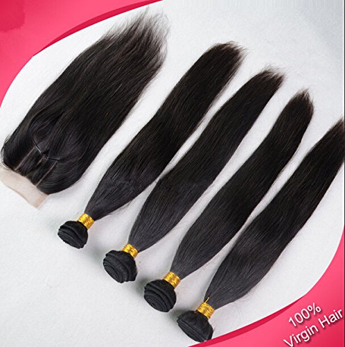 DaJun Hair 8A Затваряне от 3 Части С лъчите права Коса Филипинските Виргинского Плетене Комплект от 3 греди И затваряне на Естествен цвят на 12 затваряне + 22 2424патици