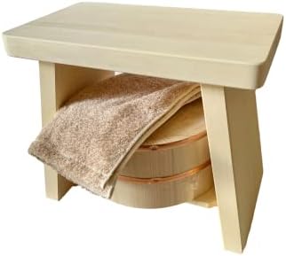 Японски столче за баня от дърво Хиба Височина 11.8 инча и набор от кофи Хиноки (Табуретка голям размер и кофа размер L)