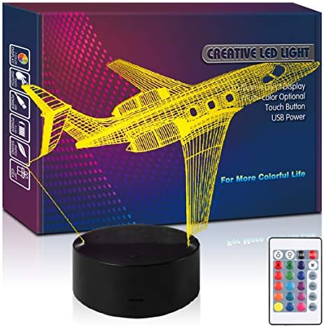 HIPIYA Самолет лека нощ led 3D Илюзия за Дистанционно Управление USB Лампа Самолет 16 Цвята Коледен Фестивал Подарък за Рожден Ден, Подарък за Момче, за Момиче Детска Стая Украса Спални (RC Самолет)
