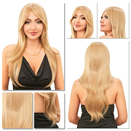Синтетични перуки KMISO за жените - Дълги Къдрави перуки с бретон - Синтетично влакно, ръчно изработени с естествени шевове, с регулируема лента от розово мрежа - Дишащи коса за черно-бели жени (блондинки)