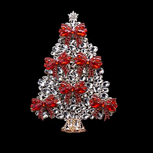 Коледно дърво от лента (червен), коледно дърво на масата от лента, ръчна работа с прозрачни и червени кристали. Коледна елха украсена с 6 стъклени декорации от панделки.
