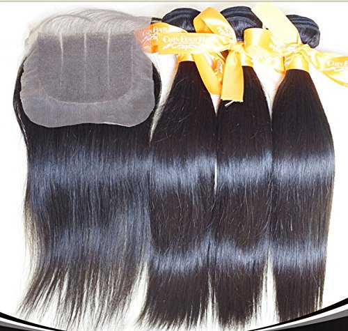 DaJun Hair 8A Затваряне от 3 Части С лъчите на Преки Бразилски Коса Virgin Weave Пакет Включва 3 връзки И закриване на Естествен цвят 10 затваряне + 22 24и 26патици