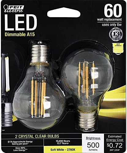 Електрическа Декоративна led лампа с нажежаема жичка Feit от прозрачно стъкло с регулируема яркост, еквивалентна на 60 W, нежно-бяла (2700 K) Класическа крушка A15, 2 лампи (BPA1