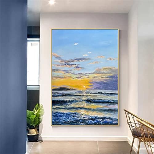 ZJHYXYH Ръчно Рисувани Прост Океански Пейзаж Изгрева на Слънцето Красива Картина с маслени бои върху платно Начало Декор (Цвят: D, Размер: 90x120 см, Без рамка)