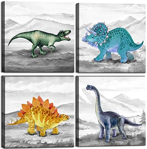 Платно, Стенно Изкуство с Динозавром, 4 Предмета, и Еднорог, Стенно Изкуство върху Платно, 3 Предмет, за Момчета и Момичета, Интериор на Детска Стая