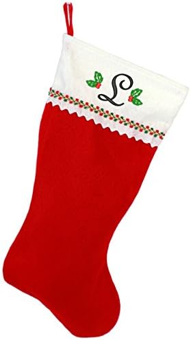 Първоначално Коледни чорапи с бродирани мен монограм, Червено-Бяло фетр, Инициал L