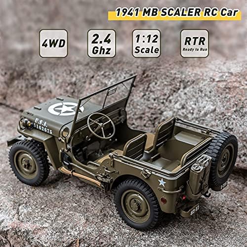 WOWRC RocHobby 1/12 1941 MB Scaler Радиоуправляеми джип 4x4 Радиоуправляеми автомобили RTR за хоби, мини-Радиоуправляеми рок-Верижен Военен, 2.4 Ghz Rc камион с 180 Матирано двигател, светодиодни лампи, акумулаторни